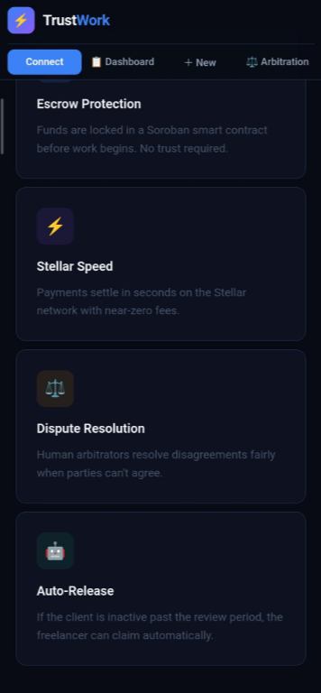 krit_giri's tweet photo. Built TrustWork 🚀

Freelance escrow on Stellar:
🔒 Lock → Submit → Approve → 💸 Paid
⚖️ Disputes → human arbitration
Low fees. Borderless. Trustless.
https://t.co/UKOMZd9E15

#Web3 #Stellar @StellarOrg @riseinweb3 https://t.co/mhEIvK2IGH