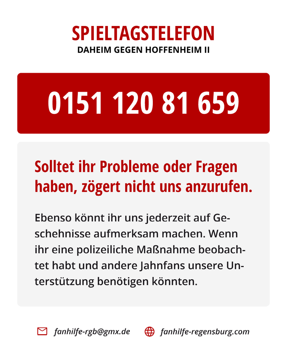 Fanhilfe_RGB's tweet photo. Bei Problemen sind wir wie gewohnt beim heutigen Heimspiel gegen Hoffenheim II unter folgender Nummer erreichbar 👇

#FanhilfeRegensburg #SSVTSG https://t.co/idqcJWiOue