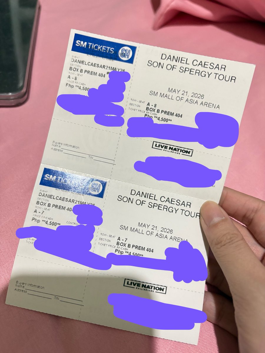jmnspalace's tweet photo. wts lfb ph

daniel caesar son of spergy 2026 tour manila

box b premium 404
- day 3
- 2 tickets (adjacent)
- physical ticket

ticket srp + minimal fee

available for meet up around dasmariñas or lalamove

rfs: exam week po pala namin yung concert https://t.co/gPSgOq6WzU