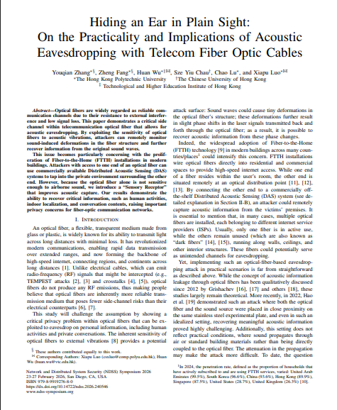TheWhizzAI's tweet image. 🚨BREAKING: The fiber cable sitting in your wall has been secretly listening to you.

And researchers just proved it.

Security researchers from Hong Kong Polytechnic University and the Chinese University of Hong Kong presented a fully working attack at NDSS Symposium 2026