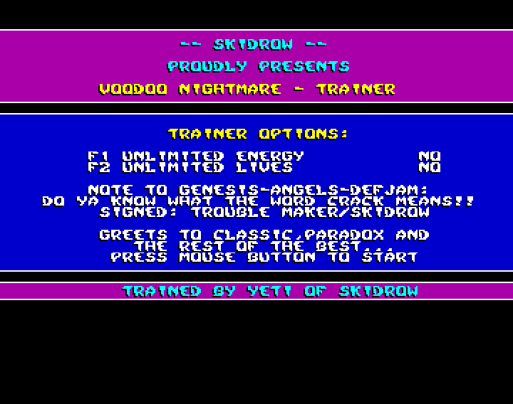CracktroBot's tweet image. Corsarios (1988) - Crack: The Spanish Hacker &amp;amp; Steel Mc Kraken - #AmstradCPC
Phimosis (19xx) - Crack: Rough Trade Inc. (RTI) - #Commodore64
Voodoo Nightmare (1990) - Trainer (+2): Skid Row (SKR) - #Amiga
Fred's Back (1993) - Crack: Laxity (LXT) - #Commodore64