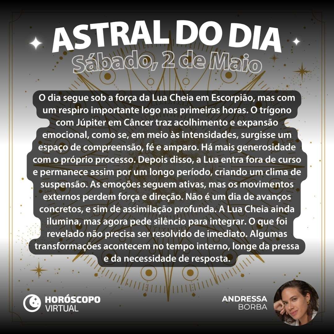 Que tal entender como será a energia do dia? Atente-se ao nosso conselho para hoje e leia seu horóscopo de Sábado, 02 de Maio de 2026: horoscopovirtual.com.br/artigos/horosc…
