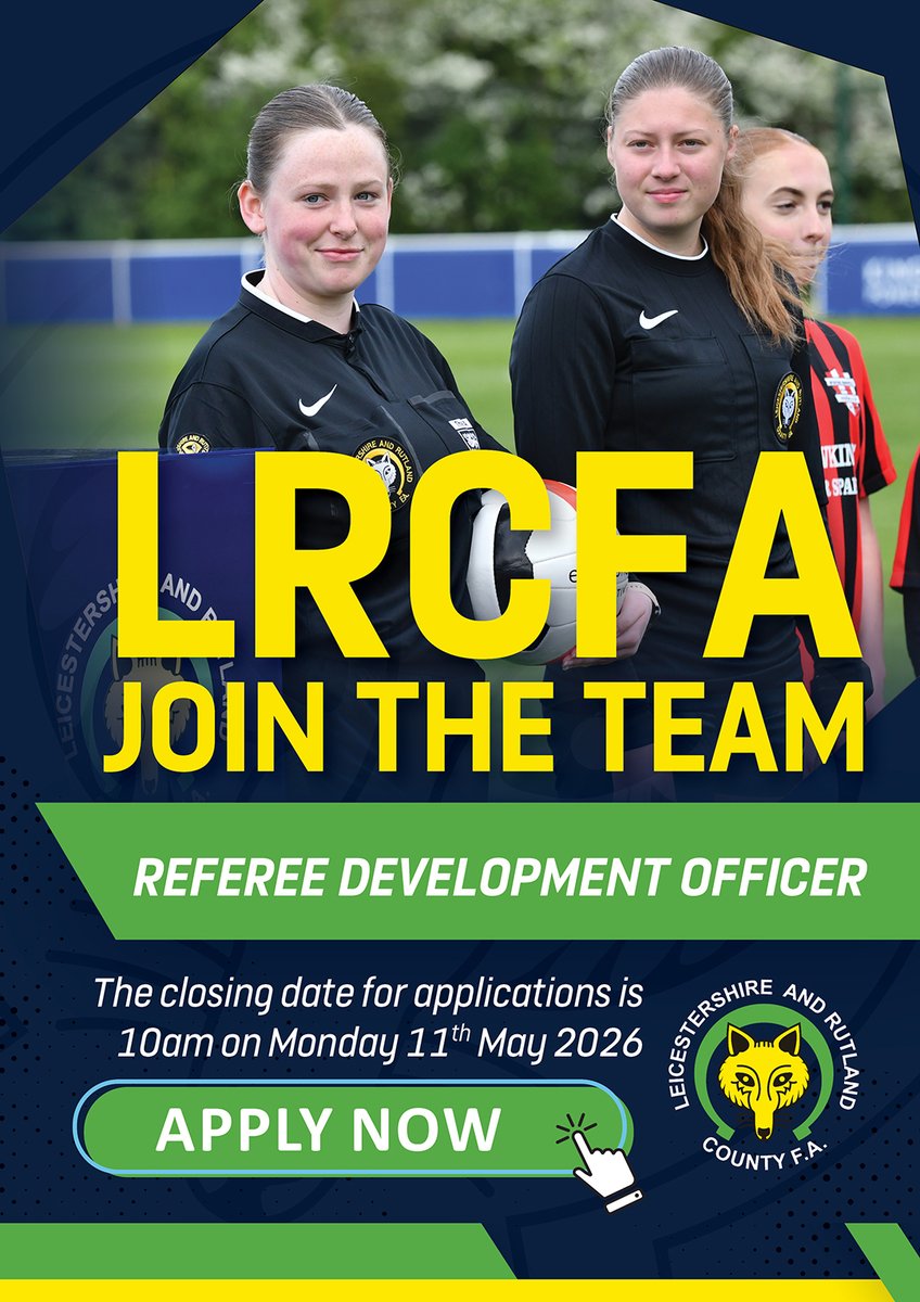 leicsfa's tweet photo. 🚨 𝗪𝗘’𝗥𝗘 𝗛𝗜𝗥𝗜𝗡𝗚 🚨

Passionate about developing referees and making a real impact on the grassroots game?
Join Leicestershire & Rutland County FA as our new Referee Development Officer and play a key role in supporting, mentoring, and progressing match officials across the county.

From delivering referee courses and supporting newly qualified officials, to managing appointments and strengthening development pathways, this is a brilliant opportunity to shape the future of refereeing.

📩 Apply now: https://t.co/VXDOVYl2wS