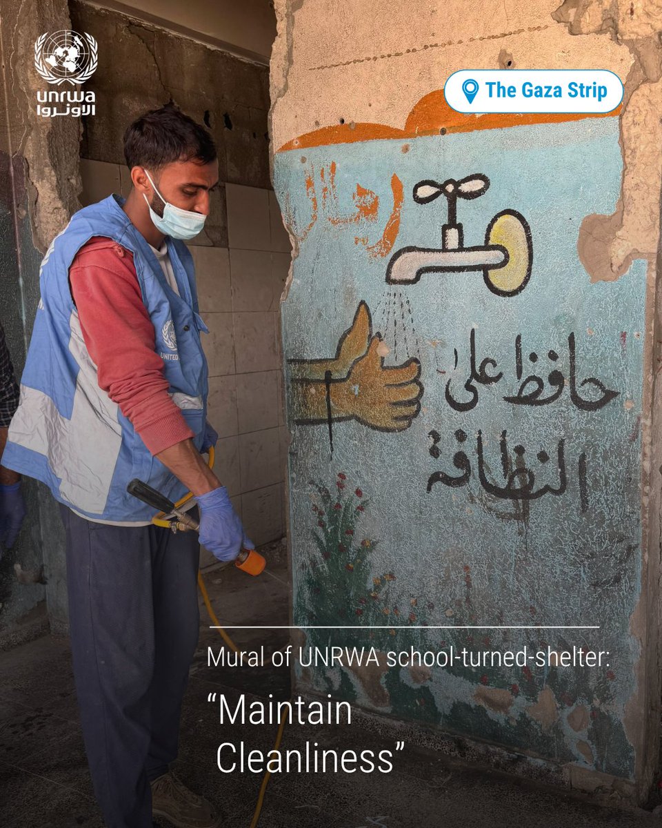 UNRWA's tweet image. Without good sanitation, people are at risk. 

That’s why in #Gaza, UNRWA Sanitation Teams are on the ground confronting the worsening environmental and health crisis. 

#UNRWAworks with regular spraying campaigns using safe pesticides, continuous cleaning and tackling sources of