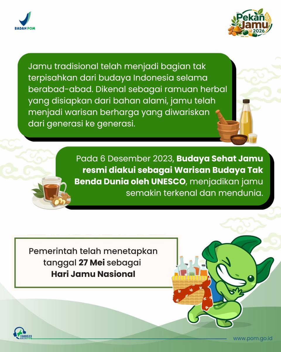PulaumorotaiB's tweet image. #Repost @bpom_ri 
——
PEKAN JAMU 2026 🌿

#SahabatBPOM, siap jadi bagian dari langkah sehat masa depan?

Yuk, ikut meramaikan Pekan Jamu 2026 dengan berbagai rangkaian kegiatan seru, edukatif, dan inspiratif! Mulai dari lomba, workshop, talkshow, hingga mini expo jamu,