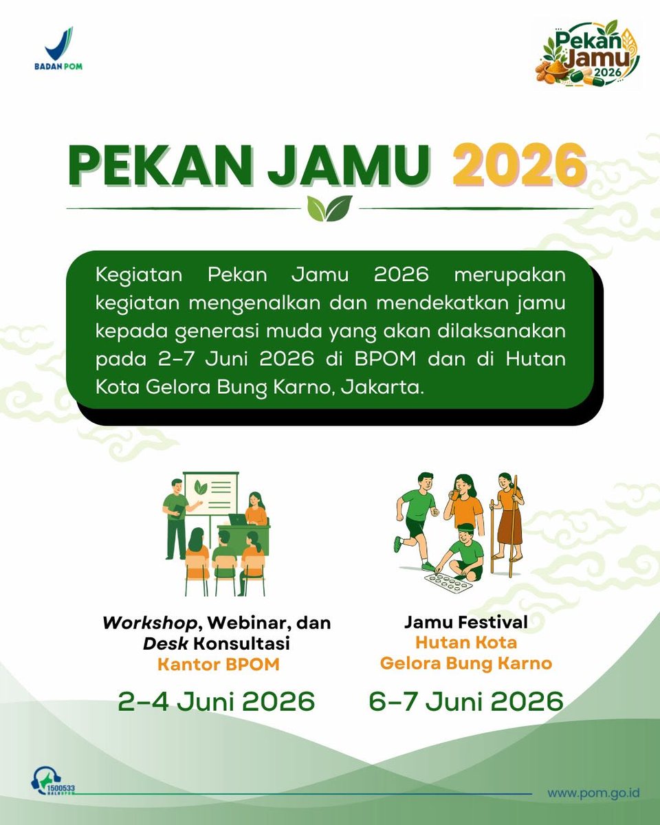 PulaumorotaiB's tweet image. #Repost @bpom_ri 
——
PEKAN JAMU 2026 🌿

#SahabatBPOM, siap jadi bagian dari langkah sehat masa depan?

Yuk, ikut meramaikan Pekan Jamu 2026 dengan berbagai rangkaian kegiatan seru, edukatif, dan inspiratif! Mulai dari lomba, workshop, talkshow, hingga mini expo jamu,