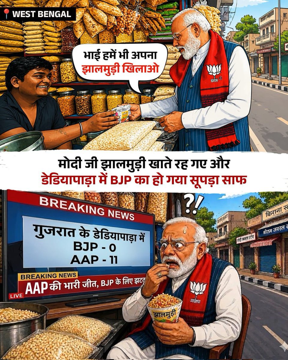 AamAadmiParty's tweet photo. मोदी जी झालमुड़ी खाते रह गए,
AAP ने BJP का कर दिया सूपड़ा साफ़। https://t.co/tEI2GTcTOA