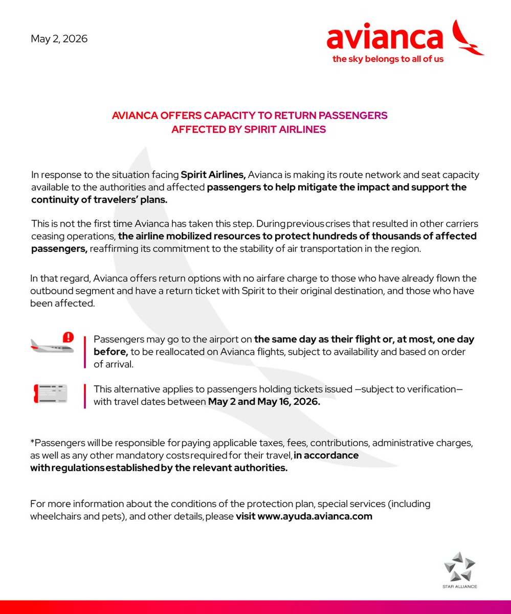 avianca's tweet photo. In response to the situation facing Spirit Airlines, Avianca is making its route network and seat capacity available to the authorities and affected passengers to help mitigate the impact and support the continuity of travelers’ plans. In that regard, Avianca offers return options with no airfare charge. For more information about the conditions of the protection plan, special services (including wheelchairs and pets), and other details, please visit: https://t.co/m8fgJ2OGaG