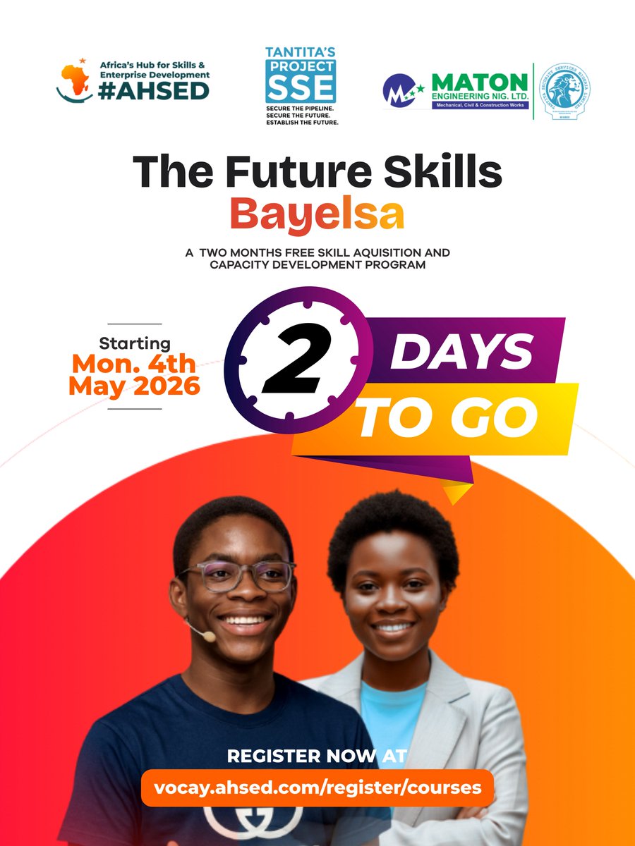 OfficialAHSED's tweet photo. 2 days to go!!!

It is getting closer. Bayelsa, are you Ready?????

Retweet this post so a friend can see it. 

#Bayelsa #AHSED #ProjectSSE #TFSBayelsa https://t.co/qFmreOdrWZ