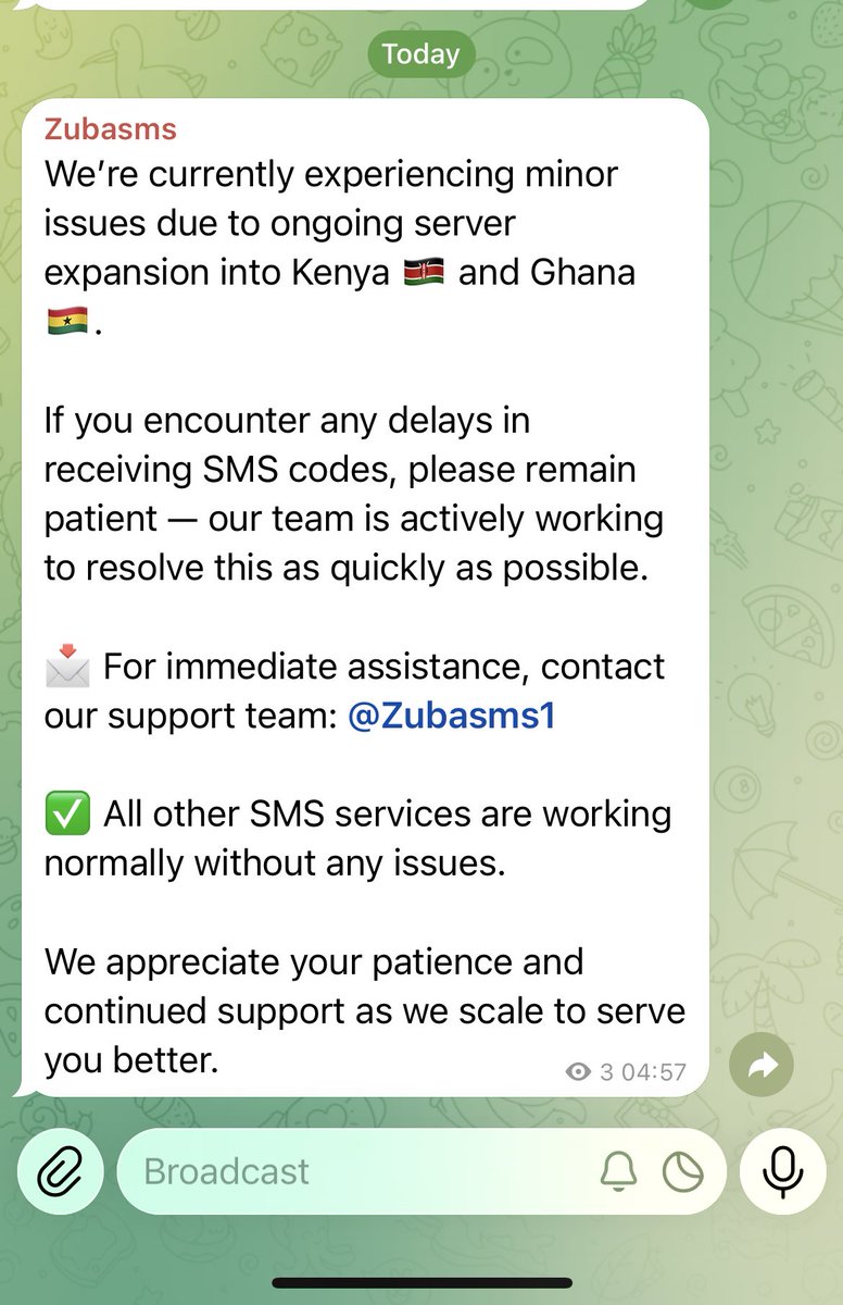 📩 For immediate assistance, contact our support team t.me/zubaSms

✅ All other SMS services are working normally without any issues.

We appreciate your patience and continued support as we scale to serve you better.