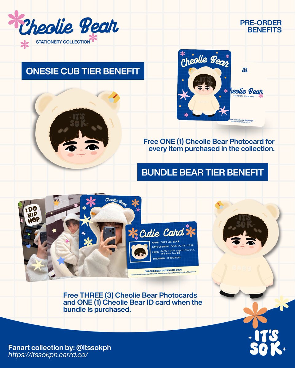 🧸𝗜𝘁'𝘀 𝗦𝗼 𝗞 𝗖𝗔𝗙 𝟮𝟬𝟮𝟲 𝗖𝗮𝘁𝗮𝗹𝗼𝗴
[Product Highlight]
૮ • ﻌ - ა ⋆🧸ིྀ

Seventeen Scoups Cheolie Bear

🧧pre-order: 05.01 to 05.15
🥢pick-up: 05.17
🥡shipping: 05.20

Grab them here: form.jotform.com/itssokph/CAF20…
As per CAF rules, POs are not qualified for stamp rally.