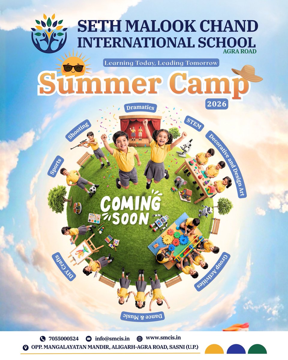 smcisaligarh's tweet image. Make this summer meaningful with fun-filled learning experiences! 🌈✨
Our Summer Camp is designed to build skills, confidence, and creativity in every child.
📚 Enroll now and let the fun begin!
#SethMalookChandSchool #SummerFun #KidsCamp #SkillDevelopment #AdmissionsOpen