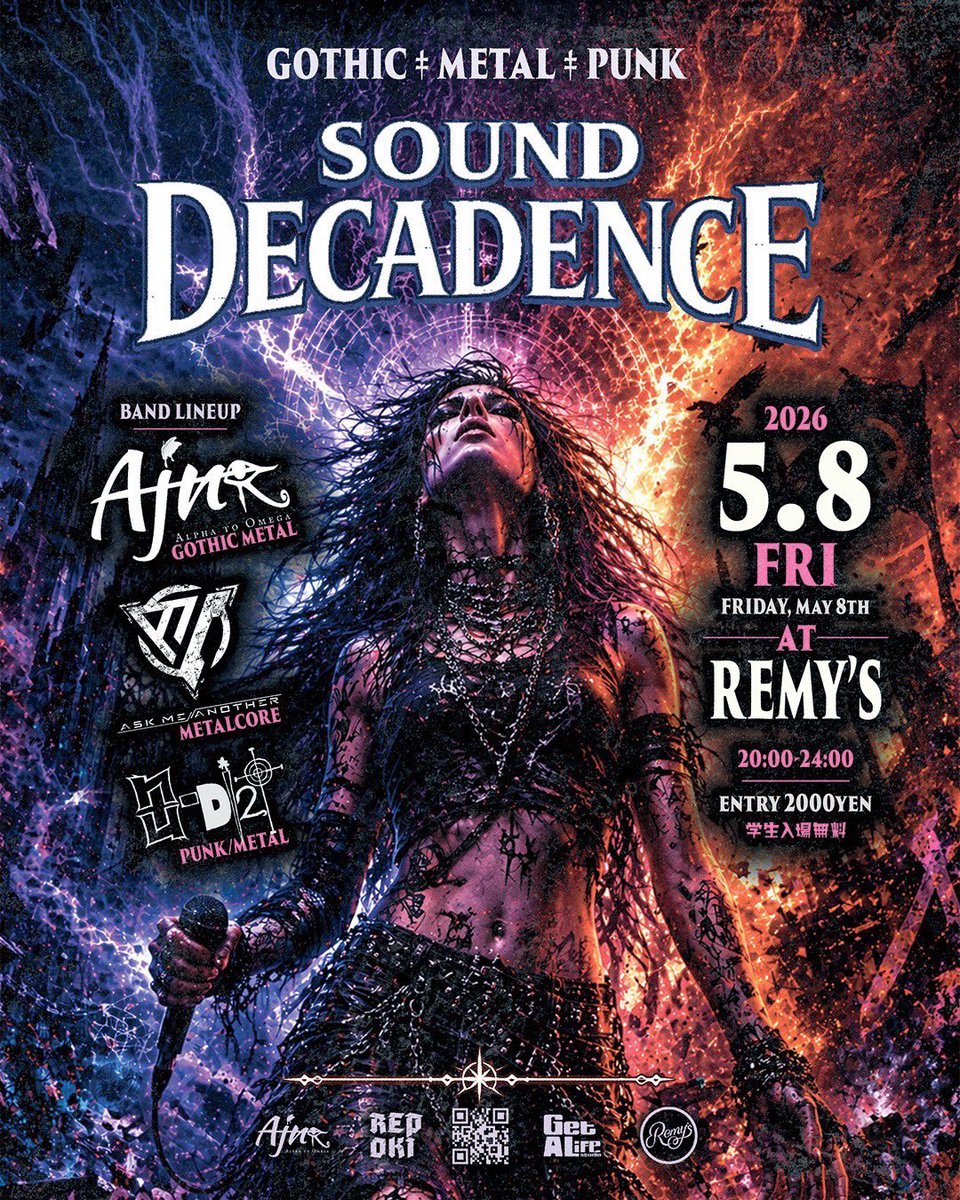 AMAnother_oki's tweet photo. 🔥New gig info🔥
“SOUND DECADENCE”
2026.5.8 (FRI)
📍 Remy’s
🕐OPEN 20:00 
学生入場無料

w/
Ajna
nu-Dist https://t.co/UhHPxjWdwf