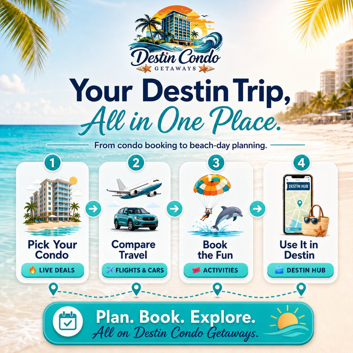 OzanCILI's tweet image. Your Destin trip shouldn’t take 20 tabs to plan 🌴

Pick your condo, compare flights &amp;amp; cars, book the fun stuff, then use the Destin Hub once you’re here.

Plan. Book. Explore.
All in one place 👉 destincondogetaways.com

#Destin #DestinFlorida #BeachVacation #FamilyTravel