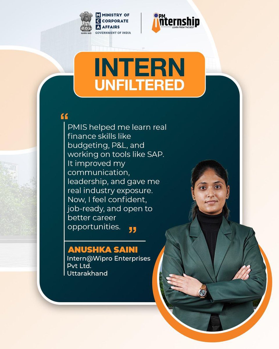 PMInternship's tweet photo. Anushka gained hands-on experience in finance, budgeting, P&amp;L &amp; SAP through PMIS, while building communication &amp; leadership skills.

Round 3 is now open. Apply now: https://t.co/03cl8ABiKW

#PMInternship #YourTurnToIntern #ViksitBharat2047 https://t.co/NXRFfIOw0x