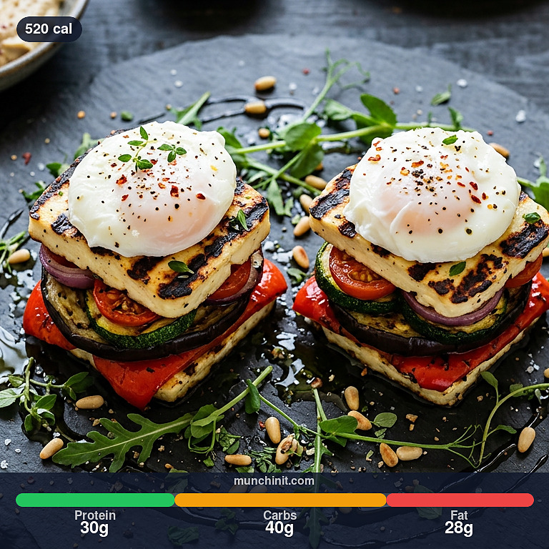 munchinit_app's tweet image. Grilled Halloumi &amp;amp; Mediterranean Vegetable Towers with Poached Eggs
520 cal | 30g protein | 40g carbs | 28g fat
Track Start your day with these vibrant an…
#mealideas #homecooking #recipe