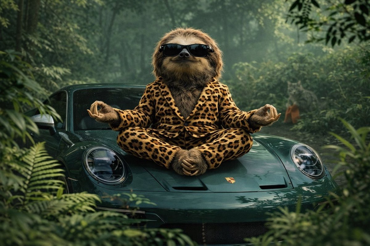 SconeSlothana's tweet photo. "Leopard print suit, Porsche throne, zero stress. This is the Slothana way. What’s your meditation setup?" 🦥🍓🥦🧘☯️ @Slothanacoin $SLOTH https://t.co/RuvoSI630r