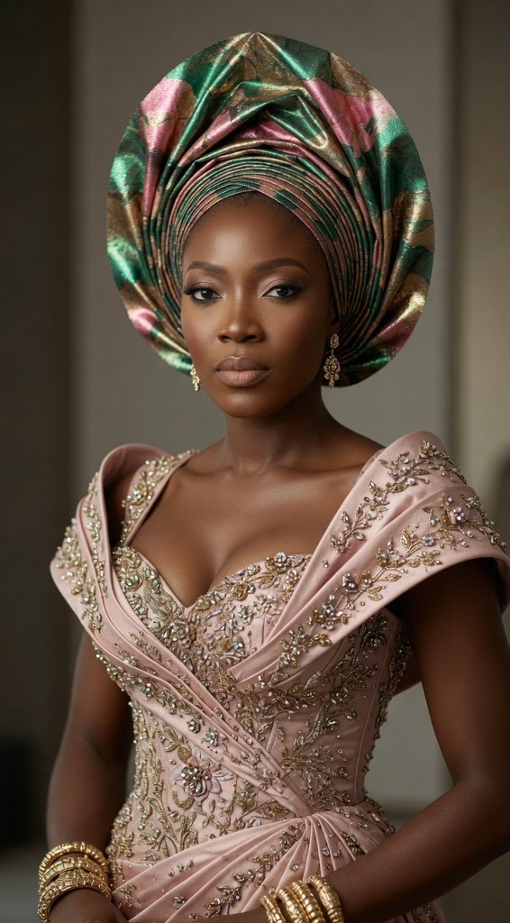 It's owambe weekend; let's have our outfits for the day with this prompt:  Ladies A high-fashion editorial portrait of a Nigerian woman styled in  avant-garde traditional couture, wearing a dramatically sculpted metallic