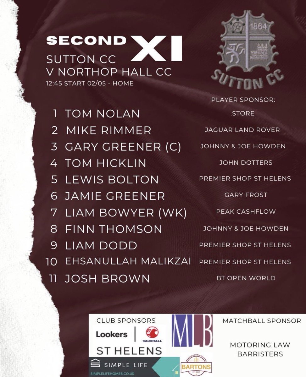 Sutton_StH_CC's tweet photo. ‼️LINE UPS ‼️

Here’s how your 1st &amp; 2nd XI will line up today. 

The 2s will be in action at the NSO for the first time this season from 12:45.

Your support as always is appreciated 

#COYS https://t.co/z8qOBLZrsR