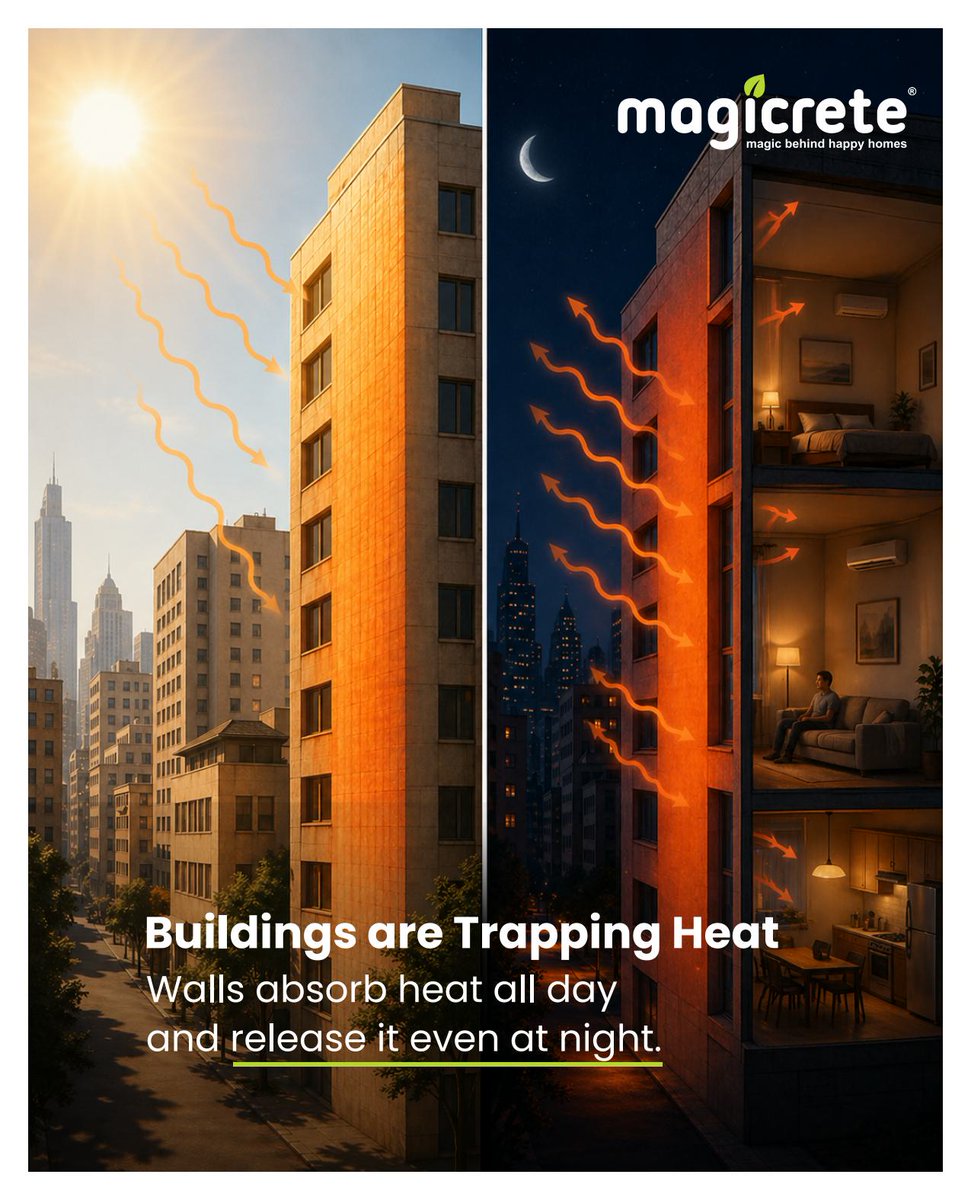 magicrete's tweet photo. Not all walls behave the same in a heatwave.

Magicrete AAC Wall Panels are built to minimize heat transfer—keeping interiors up to 5°C cooler and more livable.

Because comfort starts with the right material.
#HeatWaveIndia #AACWallPanels #BetterLiving #SmartMaterials https://t.co/CeU1NLiOnW
