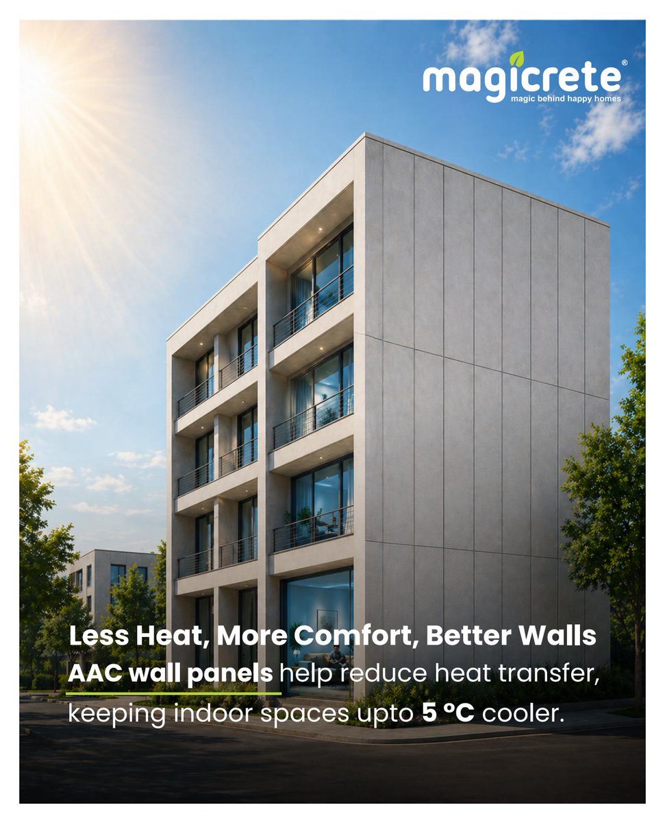magicrete's tweet photo. Not all walls behave the same in a heatwave.

Magicrete AAC Wall Panels are built to minimize heat transfer—keeping interiors up to 5°C cooler and more livable.

Because comfort starts with the right material.
#HeatWaveIndia #AACWallPanels #BetterLiving #SmartMaterials https://t.co/CeU1NLiOnW