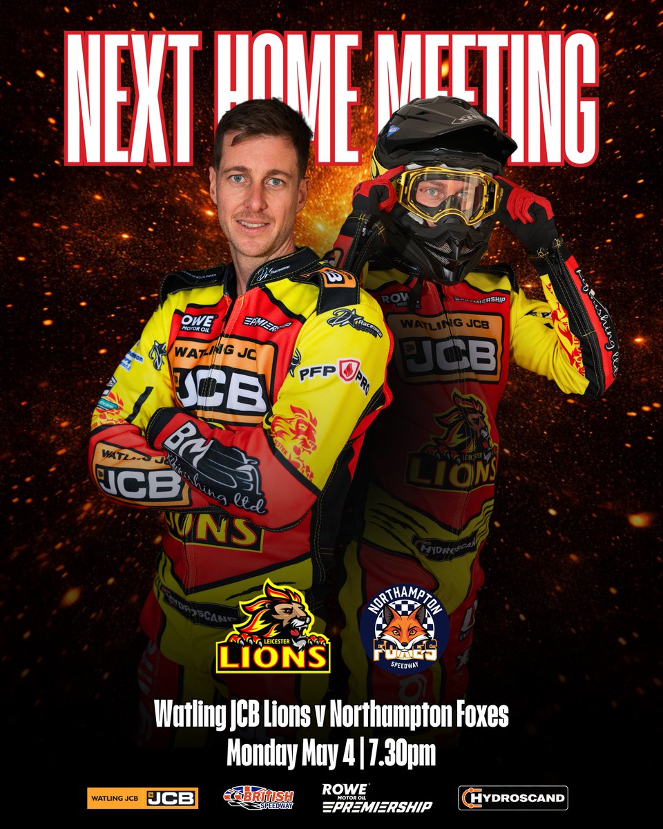 SpeedwayLions's tweet photo. 😁 The Watling JCB Lions are back home this Bank Holiday Monday as they take on the Northampton Foxes!

🕢 7.30pm
🎫 https://t.co/o9NkhigJaK
💴💳 Cash &amp; card accepted at the gate

Don’t miss a thrilling night - be there to roar the Lions on! 💥

🦁 #LionsRoar | #BritishSpeedway https://t.co/qKdq2MIOVn