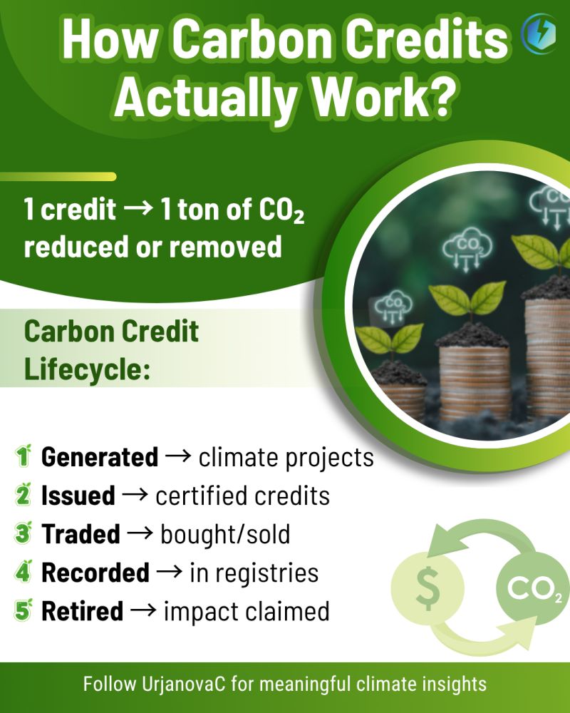 UrjanovaC's tweet image. Buying carbon credits is easy. Using them responsibly is the real test. 🌍

1 credit = 1 ton of CO₂ reduced/removed — but credits are a tool, not climate action itself.

The real question: Are they creating meaningful impact? ♻️

#CarbonCredits #ClimateAction #NetZero