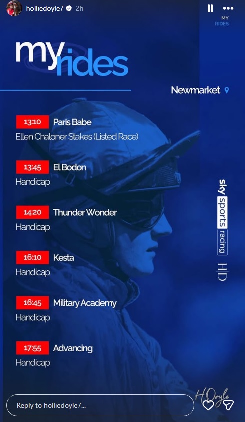 rebelsart's tweet image. Hollie Doyle @HollieDoyle1 entries‼️
Saturday at Newmarket @NewmarketRace🏇🇬🇧
Good luck on Guineas Day‼️🤞💪
#goodluck #Newmarket #HorseRacing #winners @Simysimo @NeilTho02681313 @titchy34 @chipexpress @ConchitaMTurf @akira96643563 @Georgia_cox_ @Racingdauber #theflatisback