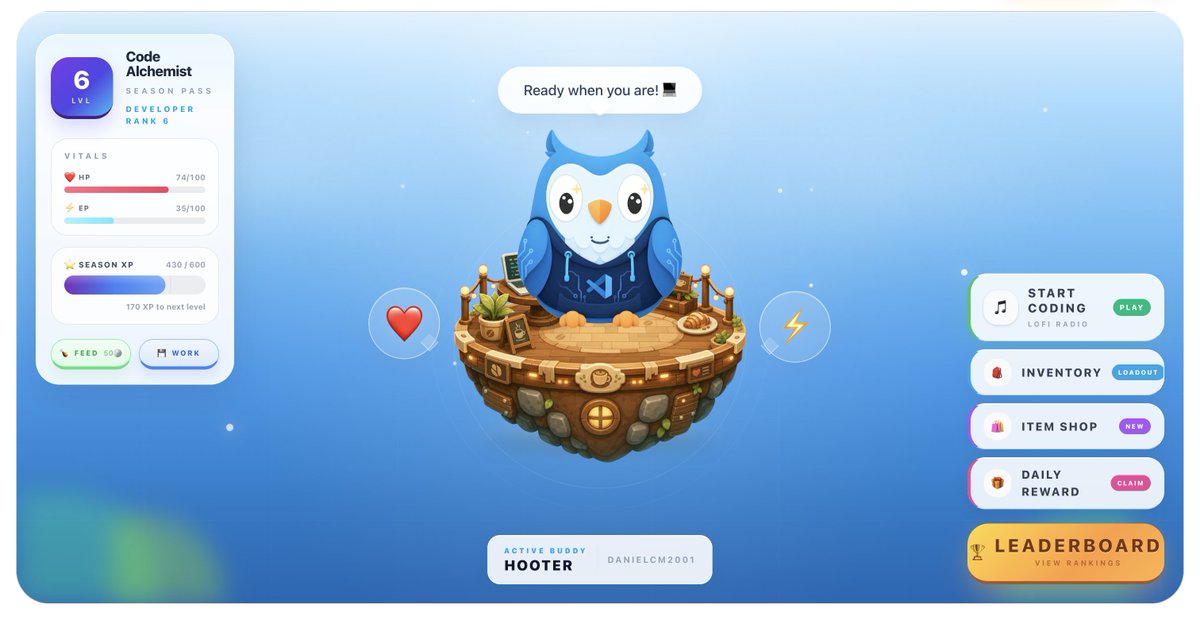 thedanmars's tweet image. Introducing CodeBuddy: a gamified companion where your GitHub activity grows a cute owl mascot🦉🔥

Connect your activity → earn XP, keep streaks, climb the leaderboard, unlock skins (pirate, zombie, arcade…), accessories &amp;amp; floating islands

#BuildInPublic #IndieHacker #SaaS