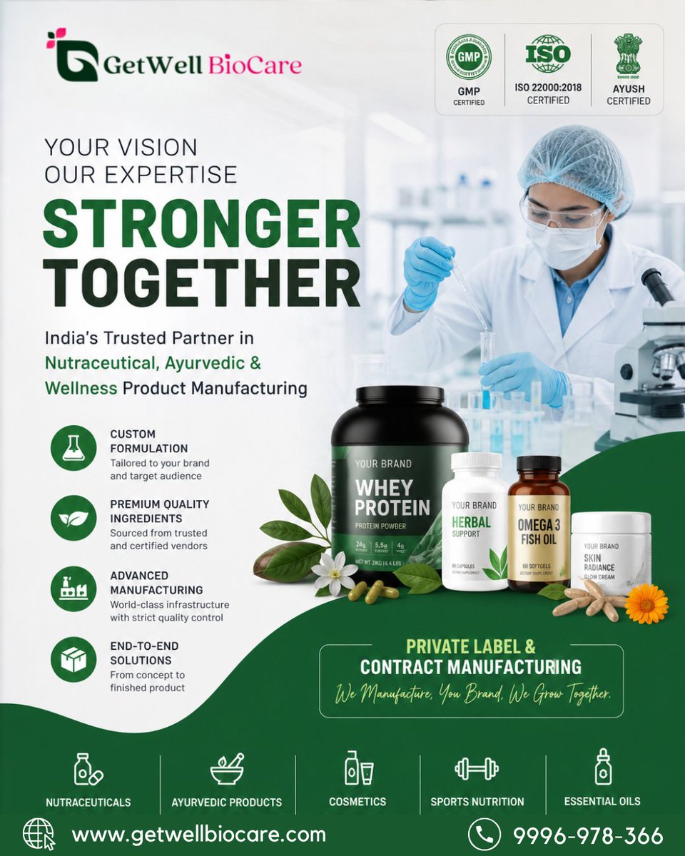 getwellbiocare's tweet image. 🤝 Stronger together 💊🌿End-to-end wellness manufacturing solutions.
🌐 getwellbiocare.com#Nutraceuticals #Ayurveda #Manufacturing #PrivateLabel #Healthcare #Business #TrendingPost