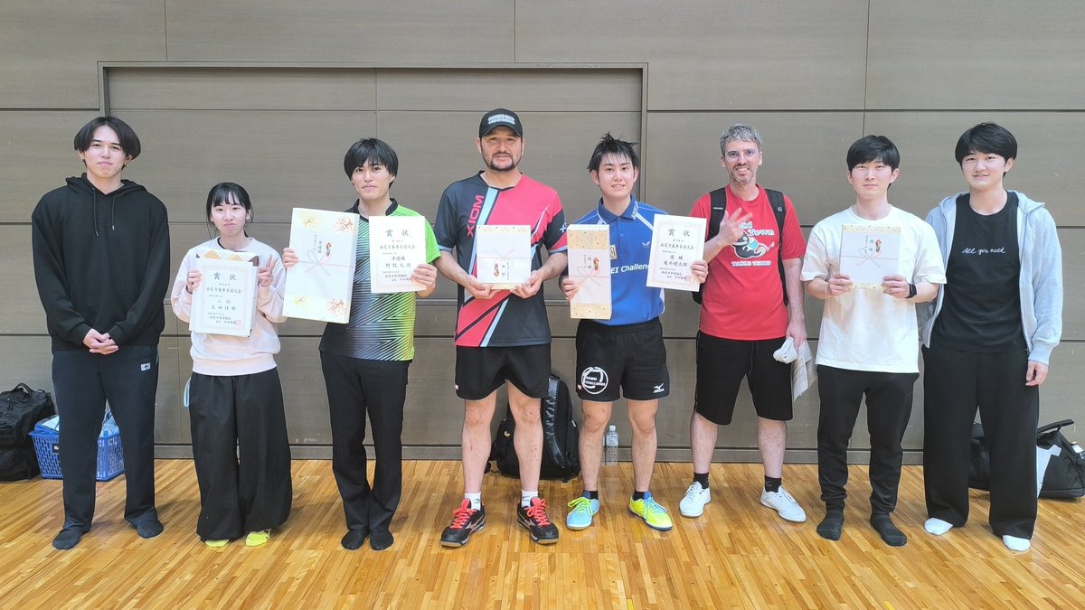 KAMEI_Challenge's tweet photo. 2026/05/02(土)第58回 西尾市春季卓球大会

硬式男子１部
優勝 亀井 健太郎
準優勝 野牧 大悟
お楽しみT優勝 マツモト グスタボ エイジ

硬式女子１部
第三位 太田 佳那

硬式男子２部
お楽しみT優勝 テイシェイラ ダグラス ホセ https://t.co/dqECnq2OTF
