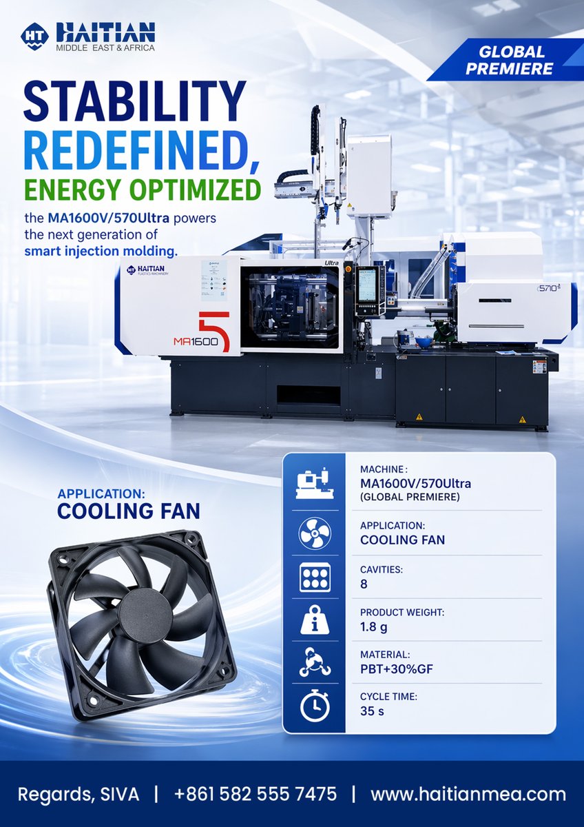 Haitianmideast's tweet image. MA1600V/570 Ultra: Redefining injection molding with stable performance and energy-efficient output for next-gen manufacturing.

#InjectionMolding #EnergyEfficiency #SmartManufacturing #Industry40 #Chinaplas2026 #FutureOfManufacturing