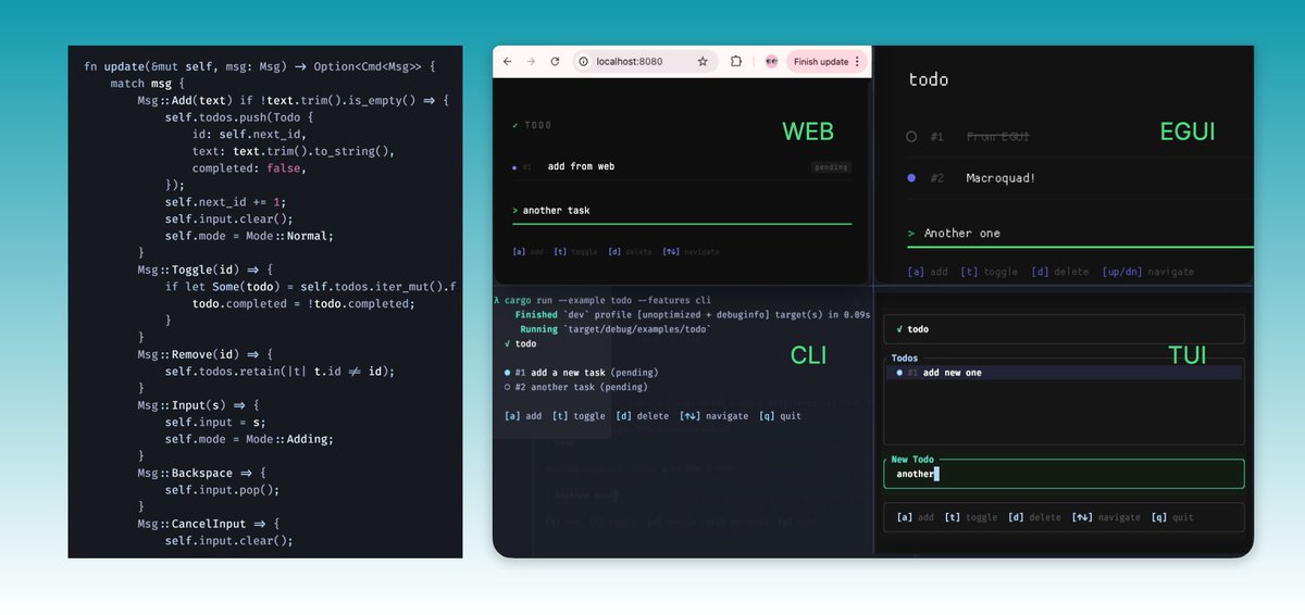 rezigned's tweet photo. I’m working on a project that allows you to write a single Model + Logic and render it anywhere (based on the TEA design but platform-agnostic). Almost there!

EGUI (macroquad), CLI (crossterm), TUI (ratatui), etc. https://t.co/WkELTKJFjs