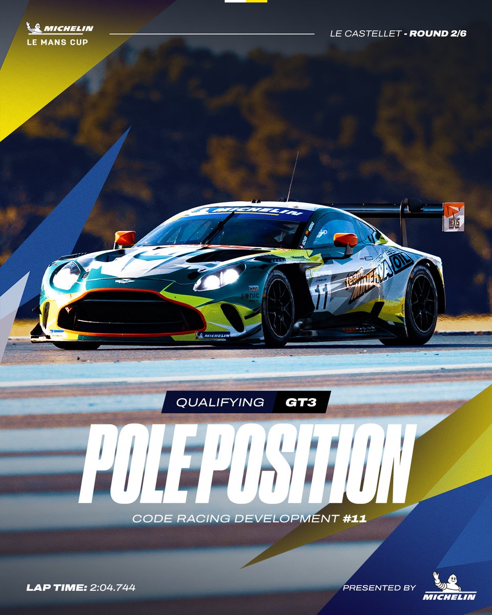 LeMansCup's tweet image. Laying down a marker at Paul Ricard 📌
Code Racing Development put the Aston Martin on pole on home soil! 

Sebastian Moreno puts in a stand-out performance to go fastest by three quarters of a second 👏
 
🔴📺🔗 bit.ly/MLMC-FIAWECplus
#LMC #Michelin #LeCastelletRound