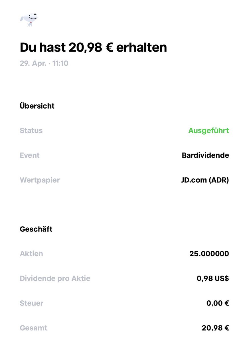 KuschMichael's tweet image. 20,98 € Dividende von JD.com 💸
Ehrlich: hat mich überrascht.

Zeigt mal wieder – Qualität zahlt. Auch wenn sie keiner auf dem Schirm hat.

#Dividende #Investieren #Cashflow