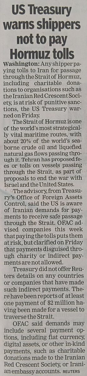 AdvocateIndian's tweet image. US Treasury warns shippers not to pay Hormuz tolls | Times of India 02/05/2026 #StraitOfHormuz #insurance @LloydsList @lloydslistasia @WestPandI @AXSMarine @Chubb #ustreasury #Iran #Tehran @TehranTimes79 @IranObserver0 @IranSpec @IranNewsNow @IranNewsAgency0 @irannews #middleeast