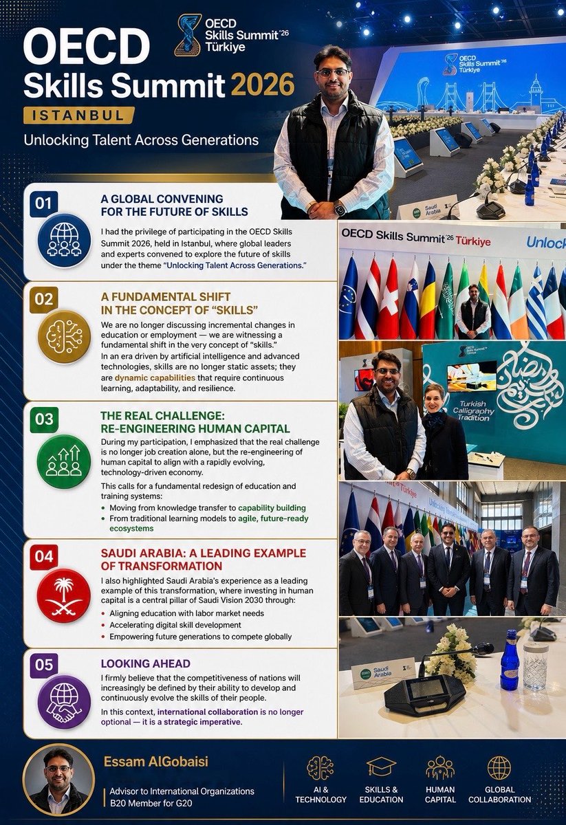 EssamAlGobaisi's tweet image. Participated in OECD Skills Summit 2026, Istanbul.
Skills are no longer static—they’re dynamic capabilities.
The real challenge: re-engineering human capital for an AI-driven future.

#OECD #AI #Skills #FutureOfWork
