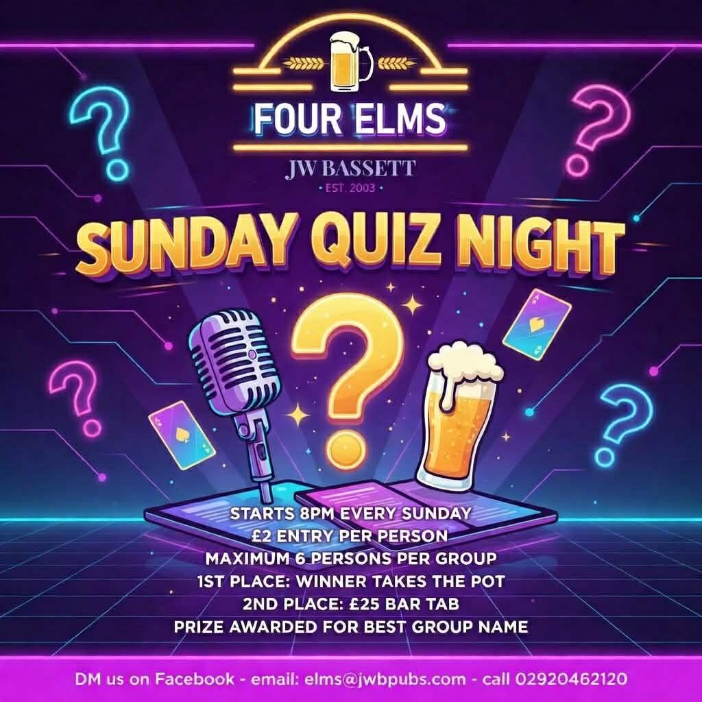 elmscardiff's tweet photo. The big bank holiday pub quiz at the Four Elms tomorrow night! Great drinks, tasty food, fun rounds and an £80 pot rollover 🎉🍺🧠 Last few tables remaining, DM to book your team in! £2 entry, max 6 per team. #BankHolidayQuiz #PubQuiz #FourElms #QuizNight #BookNow https://t.co/a9oWpTBjB0