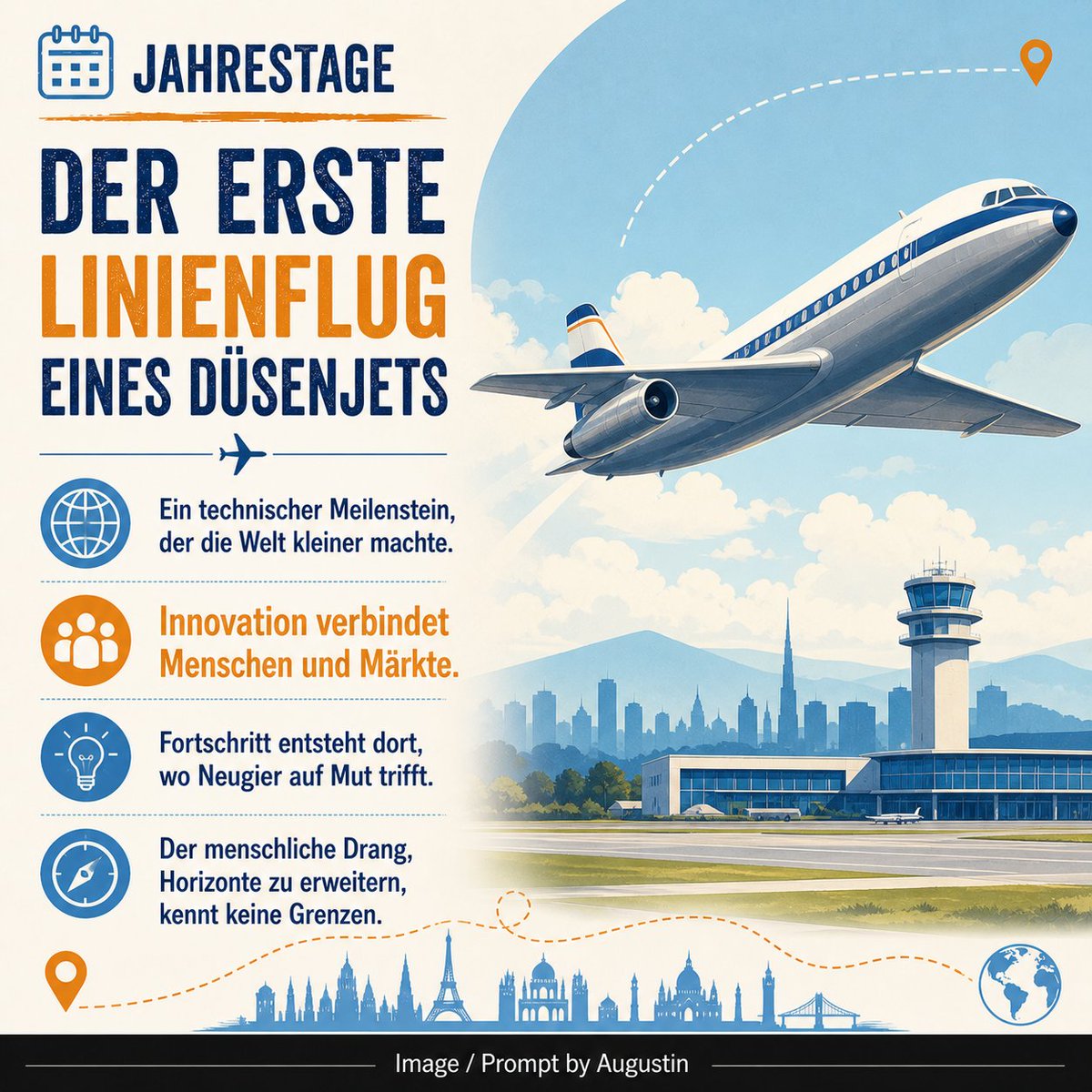 AugustAugustein's tweet image. Der erste Linienflug eines Düsenjets startet! ✈️ Ein technischer Meilenstein, der die Welt kleiner gemacht hat. Innovation verbindet Menschen und Märkte. Ein Beweis für den unermüdlichen menschlichen Drang, Horizonte zu erweitern. #Luftfahrt #Innovation #History