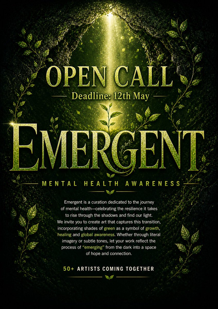 livingarts_eth's tweet photo. 🚨 𝗢𝗣𝗘𝗡 𝗖𝗔𝗟𝗟 : 𝗘𝗠𝗘𝗥𝗚𝗘𝗡𝗧 🌱

#EMERGENT is a curation dedicated to the journey of 𝗺𝗲𝗻𝘁𝗮𝗹 𝗵𝗲𝗮𝗹𝘁𝗵 𝗮𝘄𝗮𝗿𝗲𝗻𝗲𝘀𝘀 the resilience it takes to rise through the shadows and find our light.

We 𝗶𝗻𝘃𝗶𝘁𝗲 𝘆𝗼𝘂 𝘁𝗼 𝗰𝗿𝗲𝗮𝘁𝗲 𝗮𝗿𝘁 that captures this transition, incorporating shades of 𝗚𝗥𝗘𝗘𝗡 as a symbol of growth, healing and global awareness. Whether through literal imagery or subtle tones, let your work reflect the process of " 𝗲𝗺𝗲𝗿𝗴𝗶𝗻𝗴 " from the dark into a space of hope and connection.

𝗖𝘂𝗿𝗮𝘁𝗲𝗱 𝗕𝘆 :  @livingarts_eth @KhuranaVedika @Boundless8D @MadDolphNFT

📍 50 𝗮𝗿𝘁𝗶𝘀𝘁𝘀 𝘄𝗶𝗹𝗹 𝗯𝗲 𝘀𝗲𝗹𝗲𝗰𝘁𝗲𝗱 
📍 𝗗𝗲𝗮𝗱𝗹𝗶𝗻𝗲 :  𝗠𝗮𝘆 12𝘁𝗵

𝗧𝗼 𝘀𝘂𝗯𝗺𝗶𝘁 : Comment 𝗢𝗻𝗲 𝗨𝗻𝗺𝗶𝗻𝘁𝗲𝗱 𝗪𝗼𝗿𝗸 that Follows The Theme.

#EMERGENT coming 19𝘁𝗵 𝗠𝗔𝗬 🌱