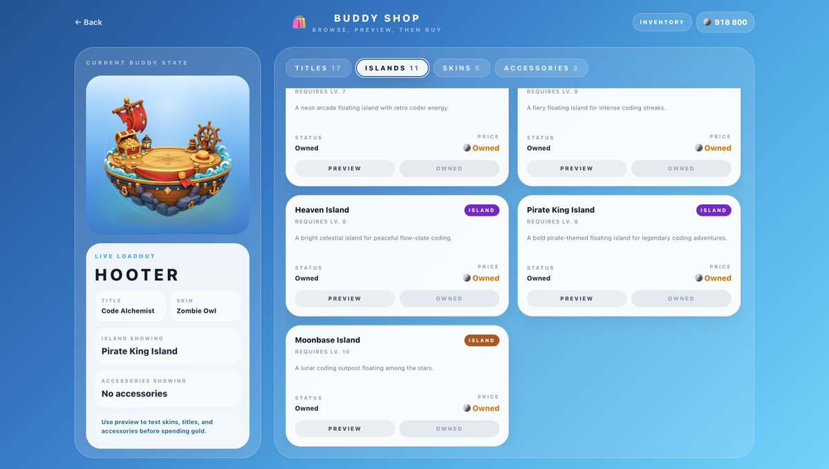 thedanmars's tweet image. Introducing CodeBuddy: a gamified companion where your GitHub activity grows a cute owl mascot🦉🔥

Connect your activity → earn XP, keep streaks, climb the leaderboard, unlock skins (pirate, zombie, arcade…), accessories &amp;amp; floating islands

#BuildInPublic #IndieHacker #SaaS