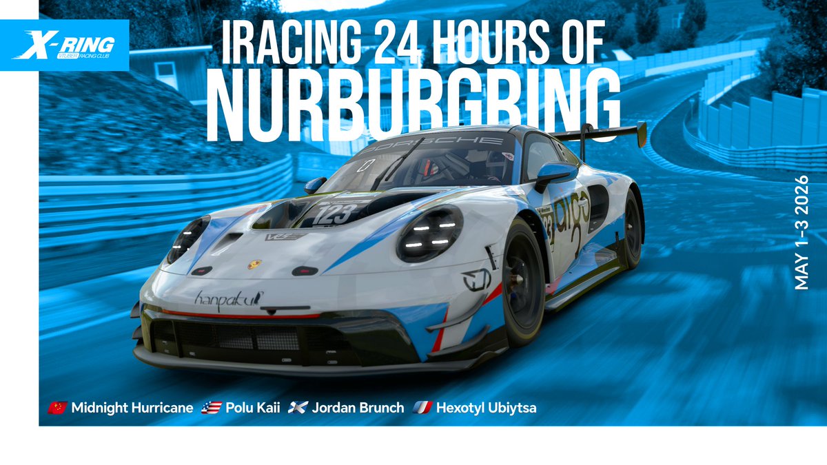 X_RingVRC's tweet photo. <ENTRY ANNOUNCEMENT>

We are proud to announce that X-Ring will be entering our first ever iRacing special event of Nurburgring 24 Hours!

Roaster:
@MDNT_Hurricane 🇨🇳
@KaiiPolu 🇺🇸
@Snoolbrunch 🏴󠁧󠁢󠁳󠁣󠁴󠁿
@Hexotyl_Ubiytsa 🇫🇷

The race will start on 12PM GMT on May 2nd https://t.co/ePaSFoQiqQ