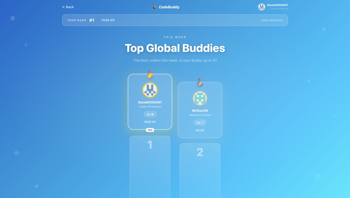 thedanmars's tweet image. Introducing CodeBuddy: a gamified companion where your GitHub activity grows a cute owl mascot🦉🔥

Connect your activity → earn XP, keep streaks, climb the leaderboard, unlock skins (pirate, zombie, arcade…), accessories &amp;amp; floating islands

#BuildInPublic #IndieHacker #SaaS
