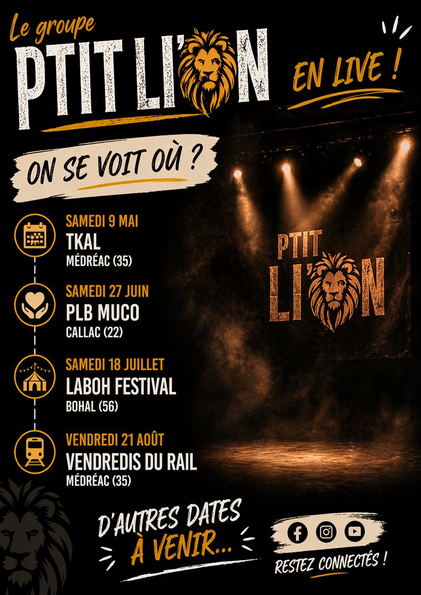 ASSOPTITLION's tweet photo. 🎶 Premières dates de concert du groupe Ptit Li'on 🎶
📍 On se voit où ? 👀

#concert #festival
#musique https://t.co/KLP7gUk0OR