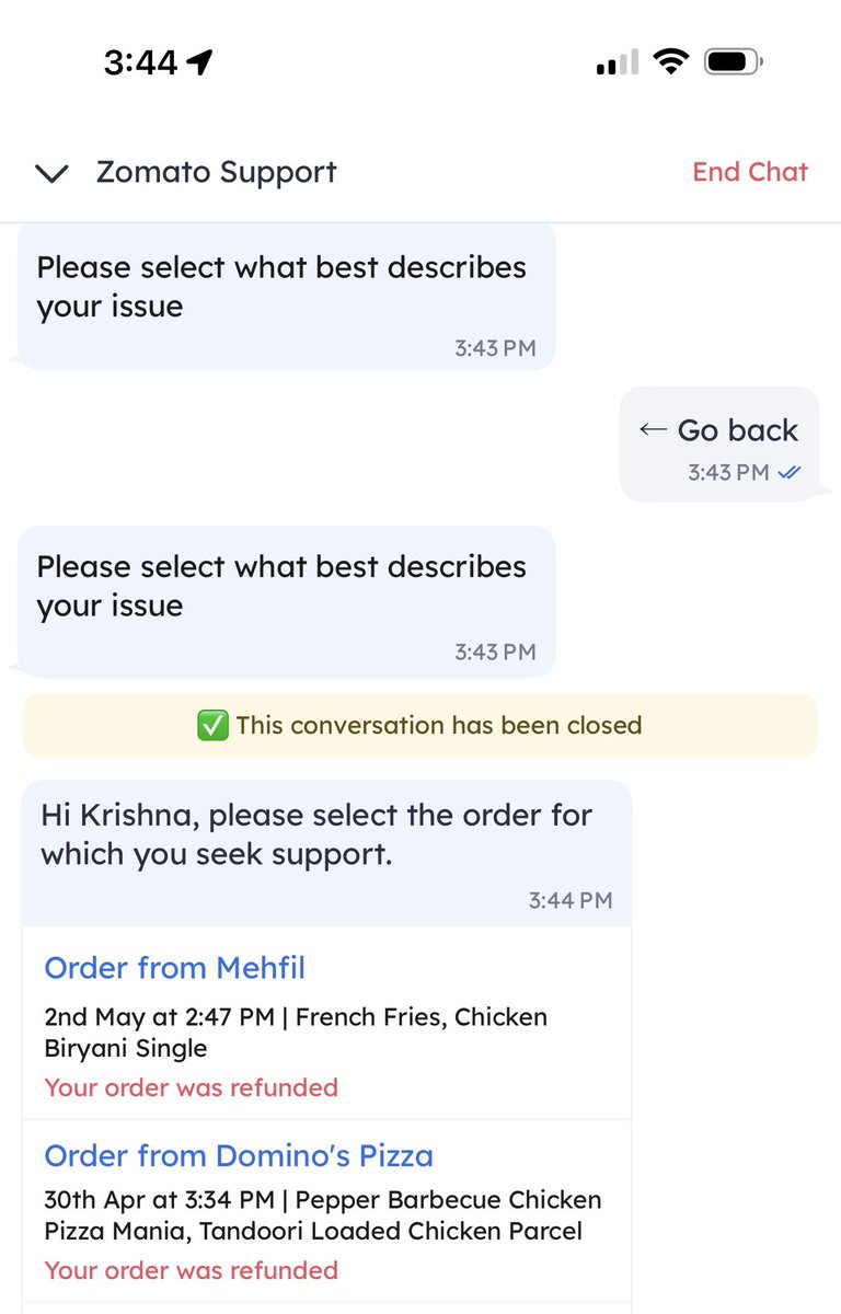 krishnaar21's tweet photo. @zomatocare  @zomato why restaurants cancelled orders and first they accept and then they make me wait for 30-40mins later i get this sudden cancellation message. And moreover no support is available to talk more everything is must automated with bits replies https://t.co/4wVqzTsQQv