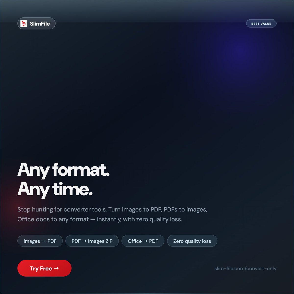 SlimFile_inc's tweet image. Instantly convert images, PDFs, and Office docs to any format with zero quality loss.

 Don't skip it. Click to get started 👇 
 slim-file.com/convert-only

#FileConversion #ProductivityTools #WorkSmarter