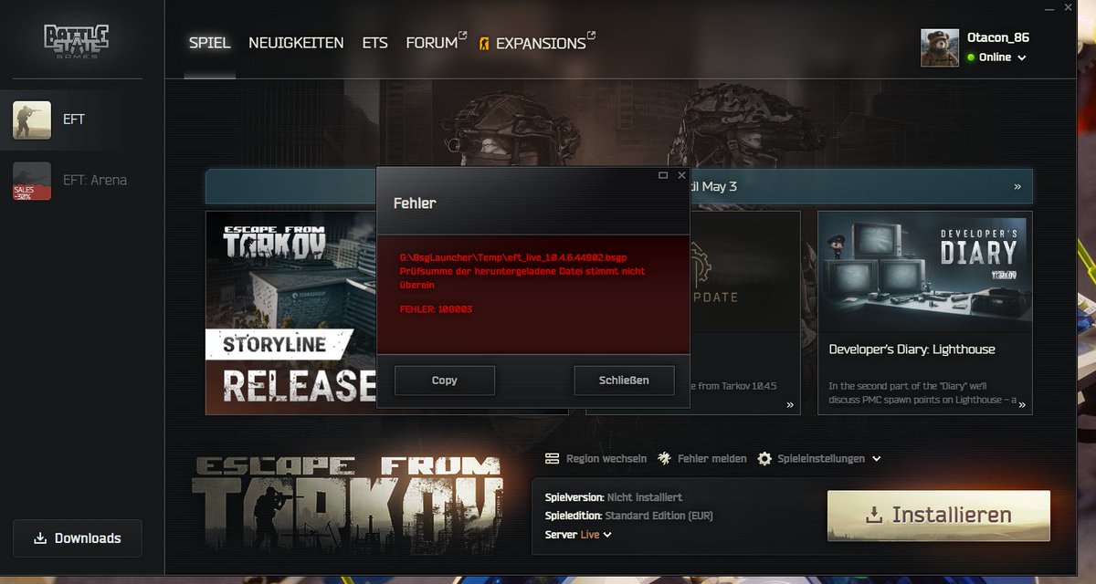 MKOtacon86's tweet photo. Hey
@bstategames
@tarkov

, I keep getting Error: 108003 while installing/updating. "The checksum of the downloaded file does not match."  I’ve already tried: [e.g., restarting the launcher]. Is there a known fix for this?  #EscapeFromTarkov #EFT #Tarkov Help https://t.co/6vrcUUSPPx