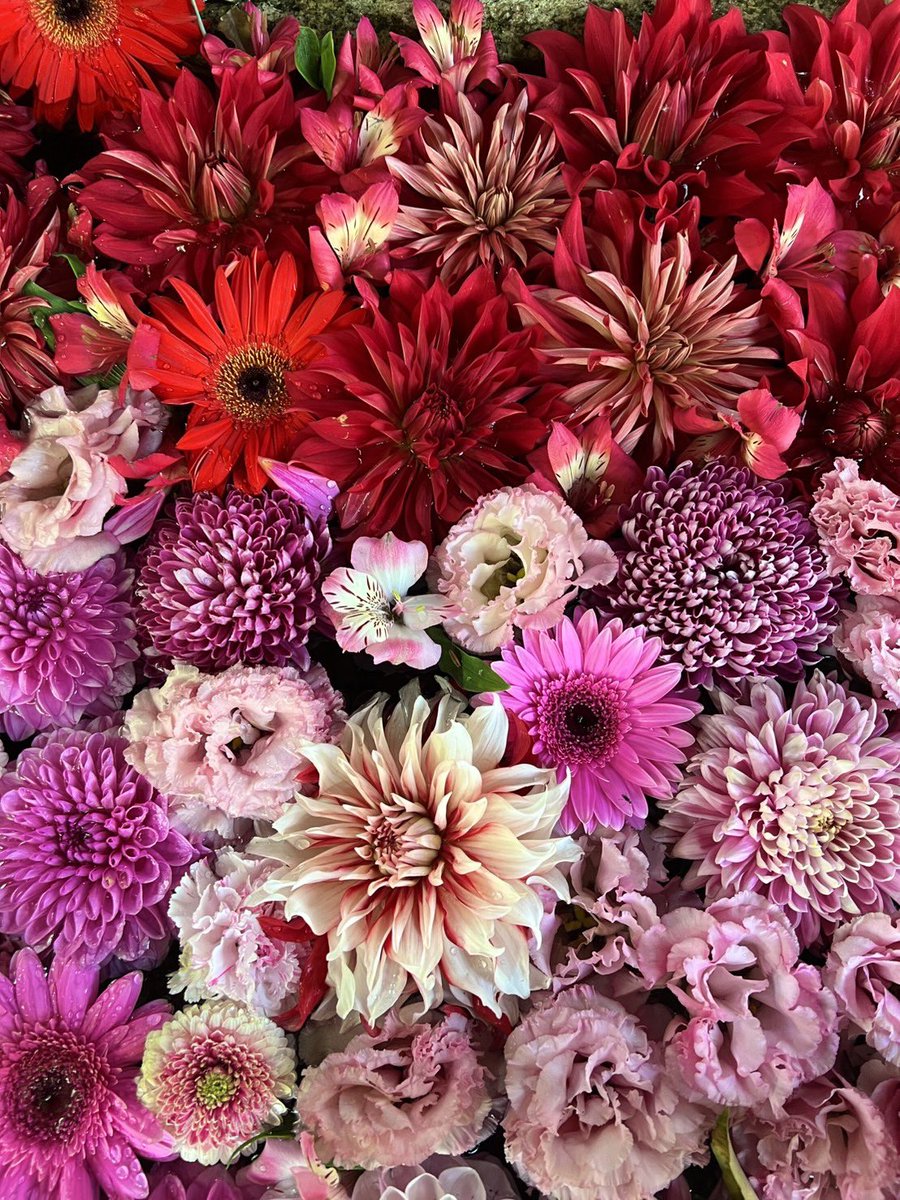 【maa❁❀*様お取り置き】カラフルお花の中でハミング＊ピンク＊シーグラスアート 花手水のご案内】 母の日をイメージした、赤とピンクの花手水が入り