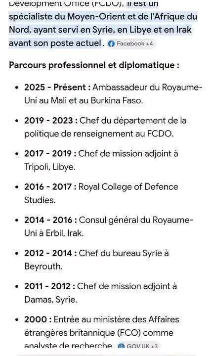 sahelbrut3's tweet image. Urgent ‼️ 
L'ambassadeur du Royaume-Uni au Mali et au Burkina Faso Angus Mckee, il faut que le Mali ait un œil ouvert sur lui, son parcours en dit trop. Syrie, Irak, Libye et tout au moment où ces pays traversent des crises et aujourd'hui au Mali... 
Ancien militaire de Son état,