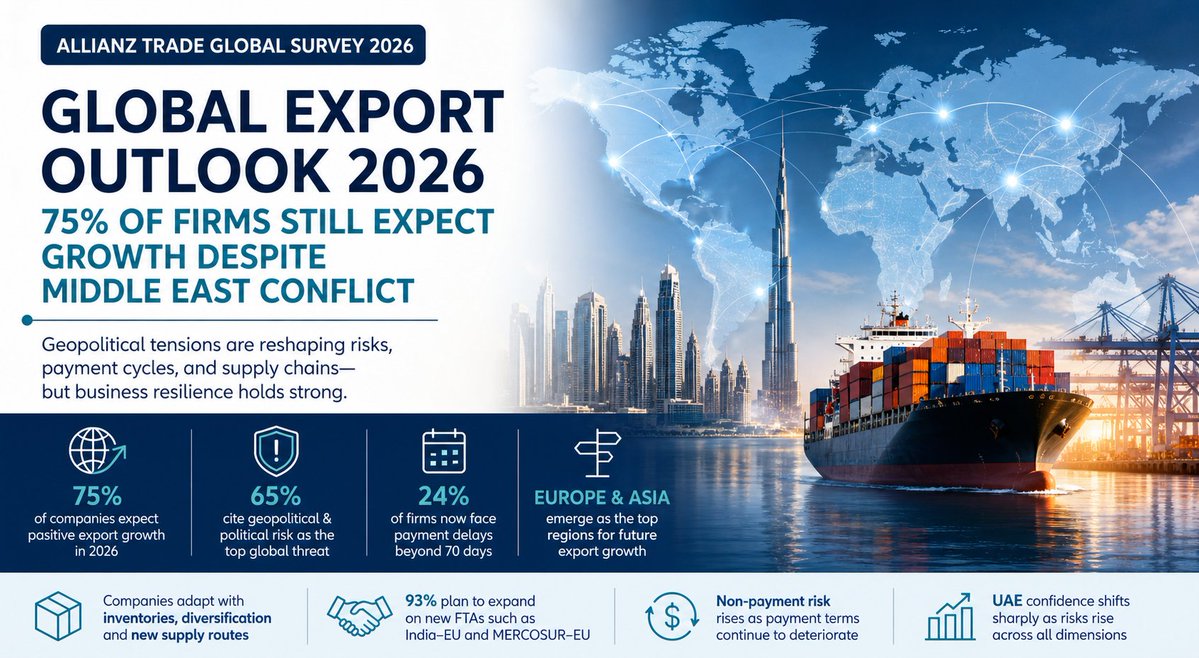 UAEBusinesscom's tweet image. 75% firms export growth 2026 ME conflict. Read: uae-business.com/global-export-… #GlobalTrade #Exports #SupplyChain #TradeFinance #Geopolitics #MiddleEast #BusinessOutlook #AllianzTrade #UAEBusiness #Economy2026